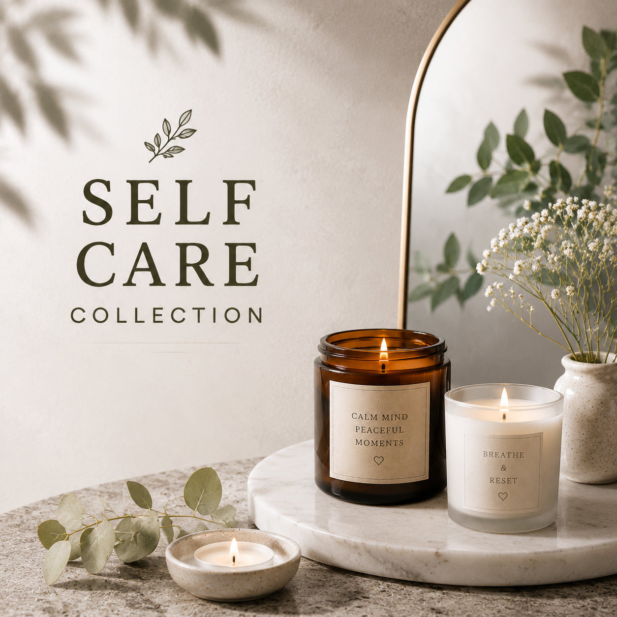 Self Care Collection candles and home décor with calming, spa-inspired arrangement.