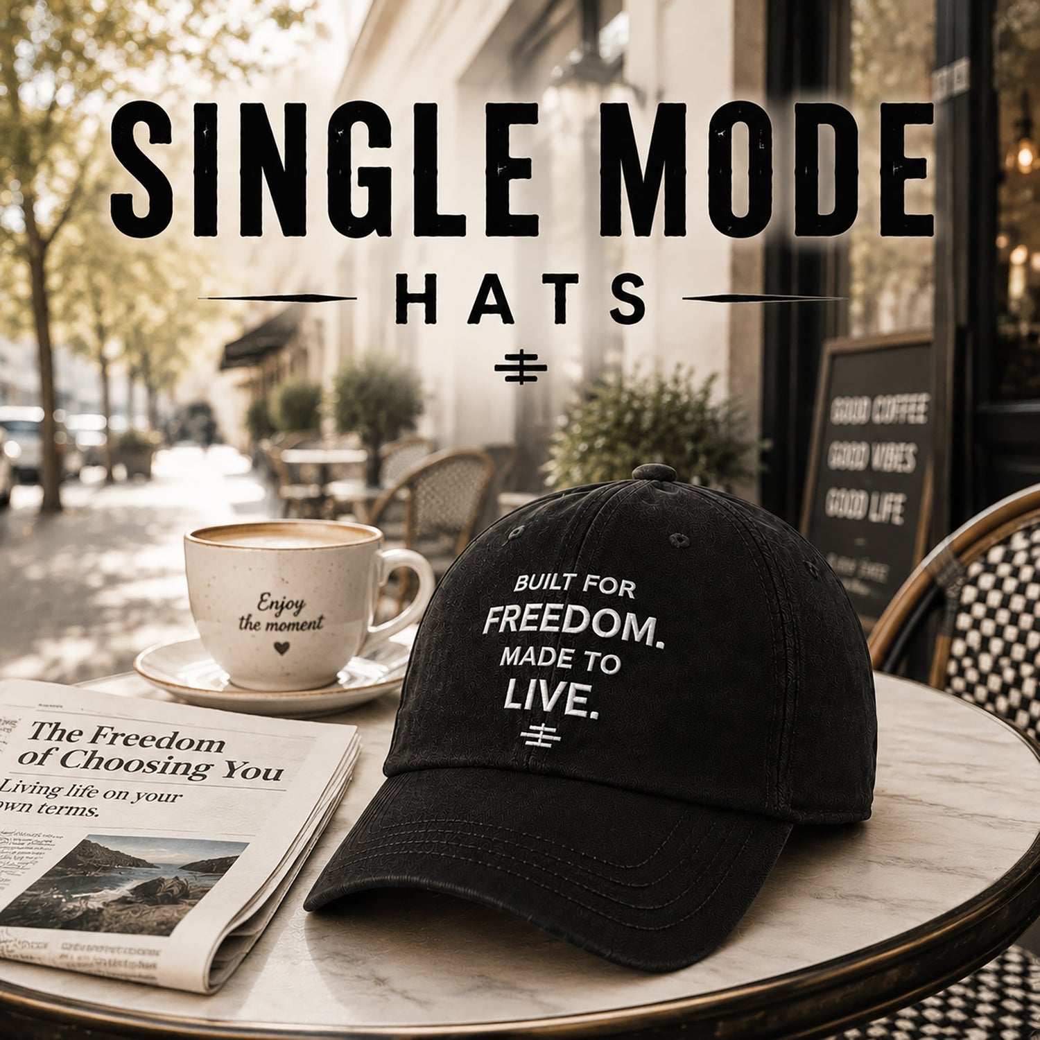 Single Mode Hats category card featuring a black cap with motivational text displayed on a café table in a relaxed outdoor lifestyle setting.