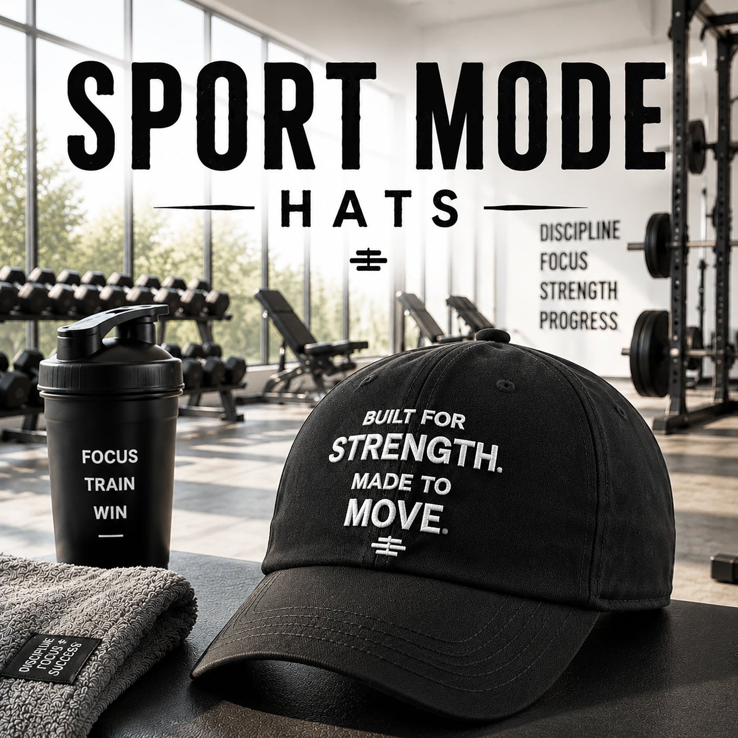 Sport Mode Hats category card featuring a black performance cap in a modern gym setting with motivational fitness branding.