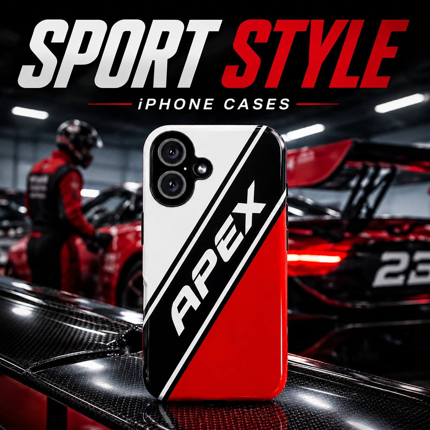 Sport style iPhone case on racetrack with red, black, and white design, perfect for motorsport and racing enthusiasts, protective and stylish phone cover for iPhone models