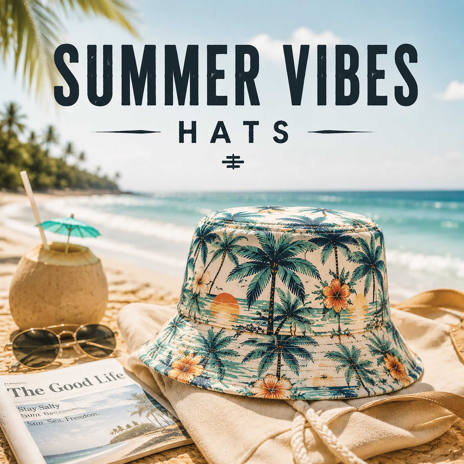 Summer Vibes Hats category card featuring a tropical bucket hat on a beach setup with ocean background and vacation accessories.