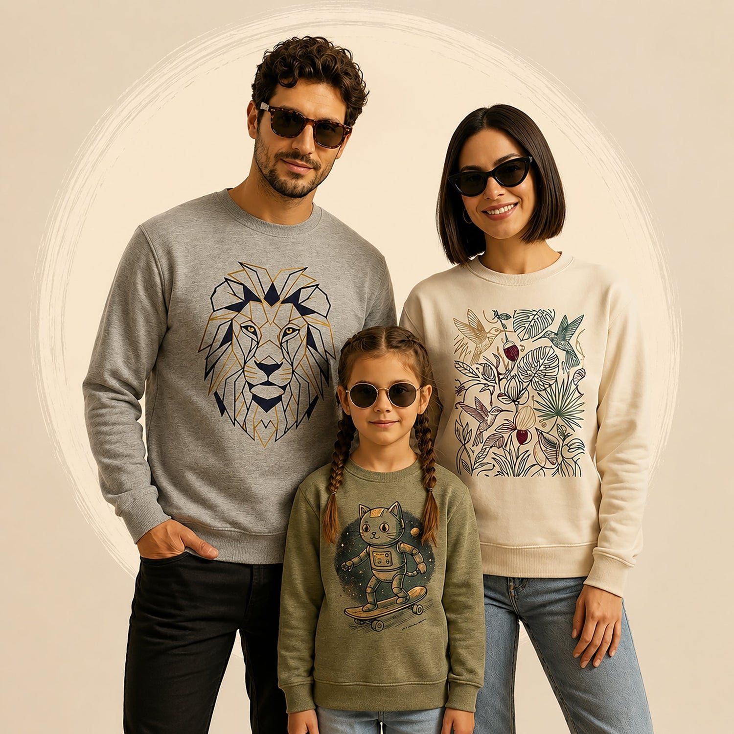 A family of three wearing coordinated sweatshirts with illustrated designs (lion, floral pattern, and skateboard cat), posing together in front of a beige studio background.
