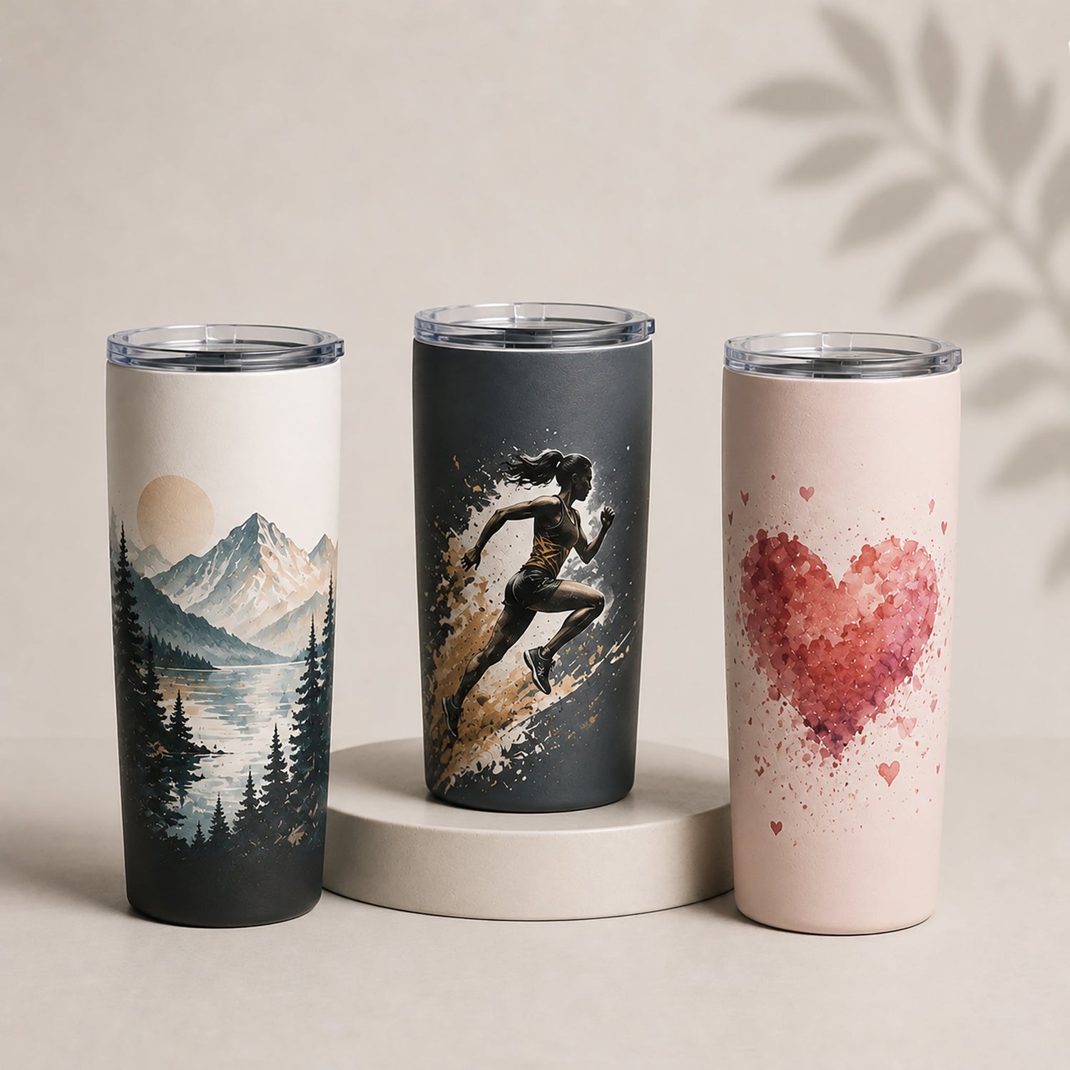 Three insulated tumblers with mountain, sports, and love-themed designs on a minimalist display.