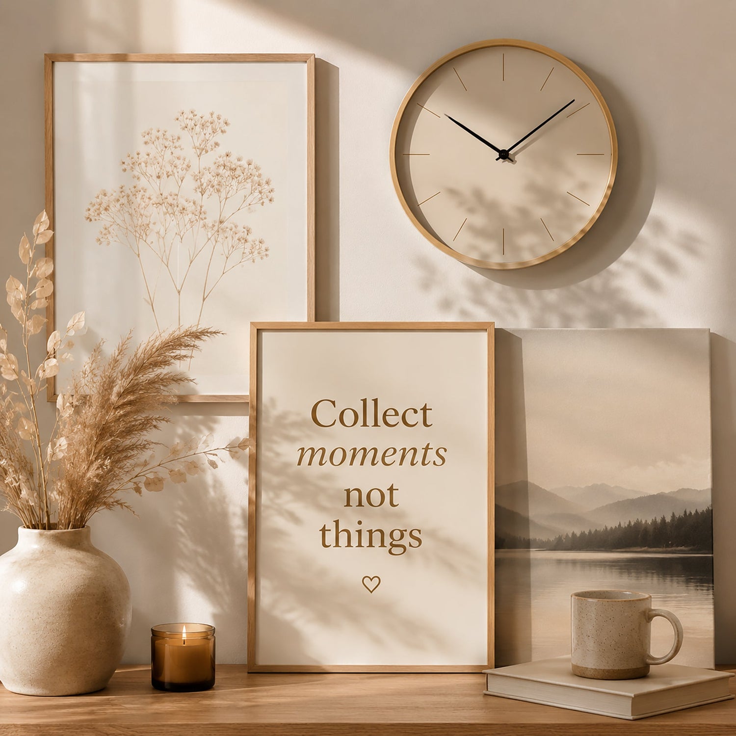 Neutral wall art display featuring framed botanical and landscape prints, a minimalist wall clock, dried pampas grass, and cozy home decor accents.