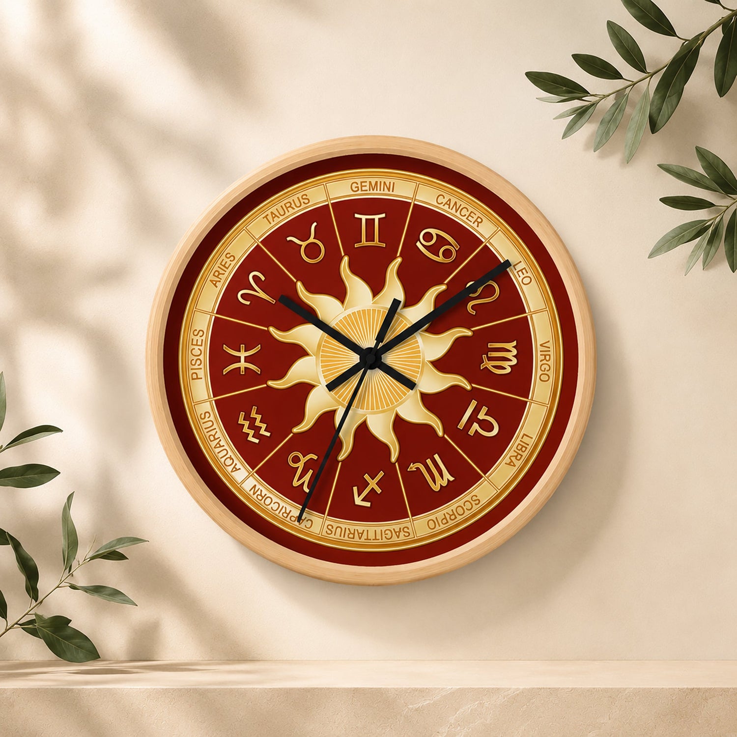 Zodiac wall clock with celestial sun design, gold astrology symbols, natural wood frame, and botanical-inspired décor.