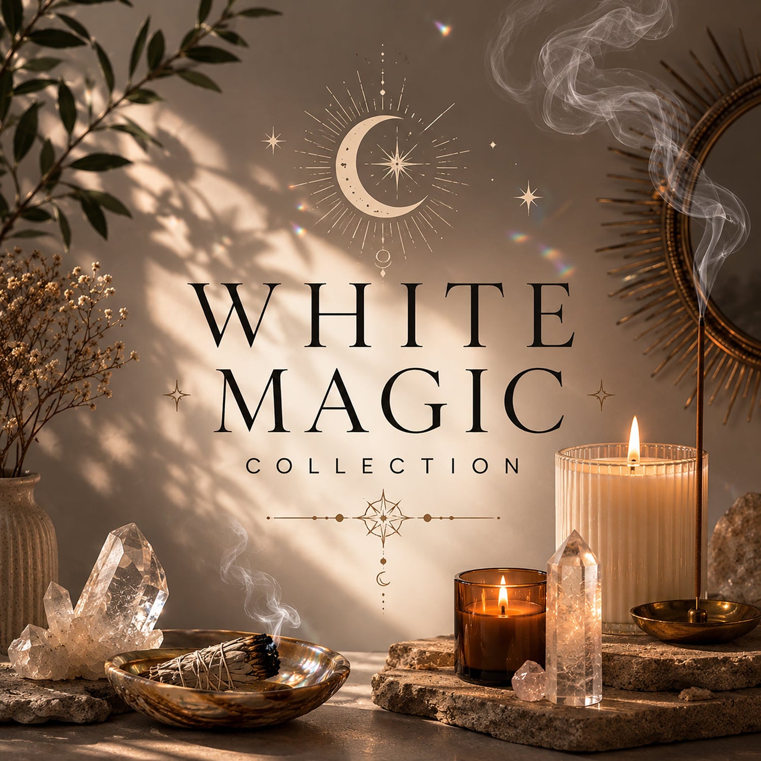 White Magic Collection candles with crystals and mystical décor, creating a spiritual and magical atmosphere.