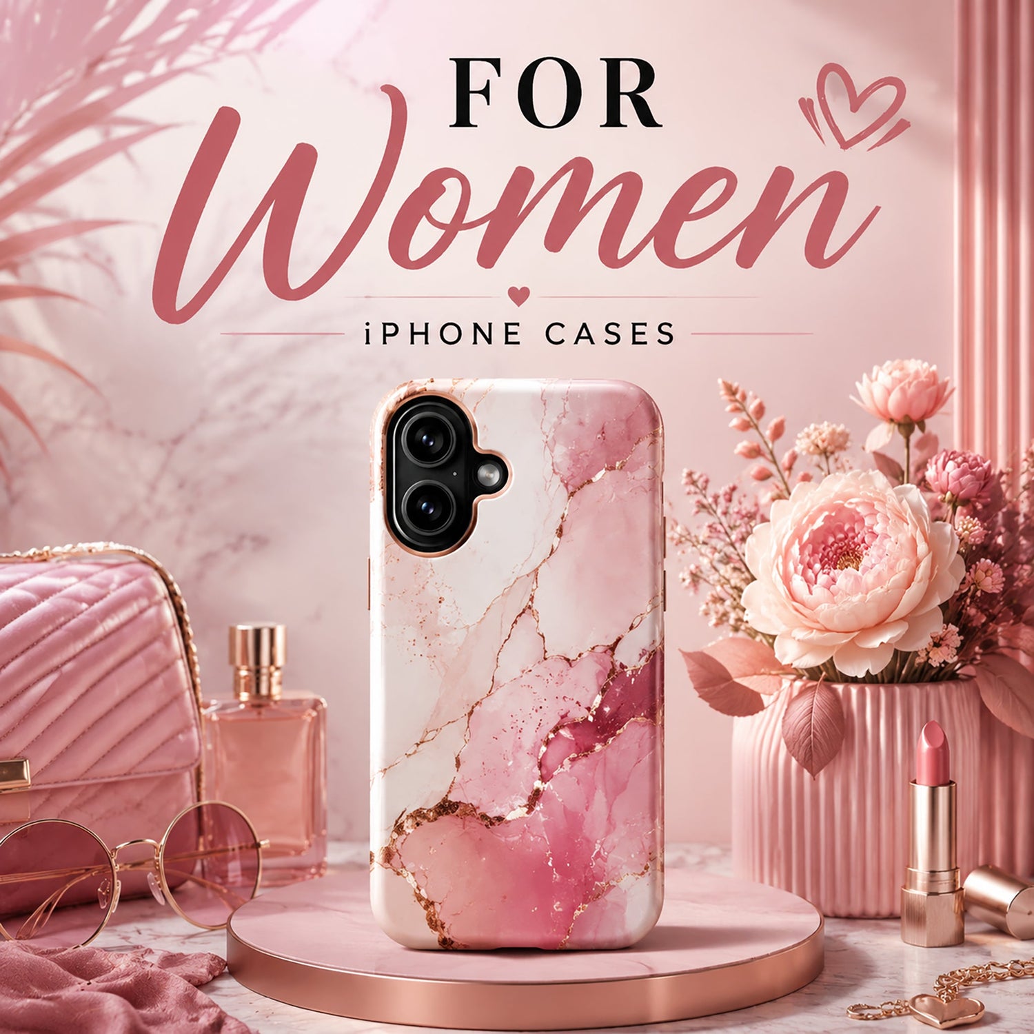Women's iPhone case featuring pink marble pattern, floral accents, and elegant feminine design, stylish protective phone case for iPhone users.