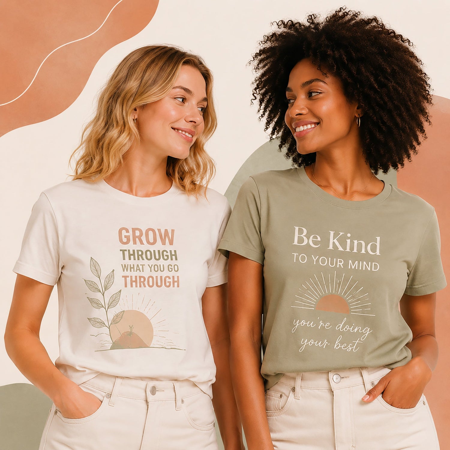 Two women wearing inspirational graphic T-shirts with positive self-care messages, smiling at each other in a soft pastel lifestyle setting with warm neutral tones.