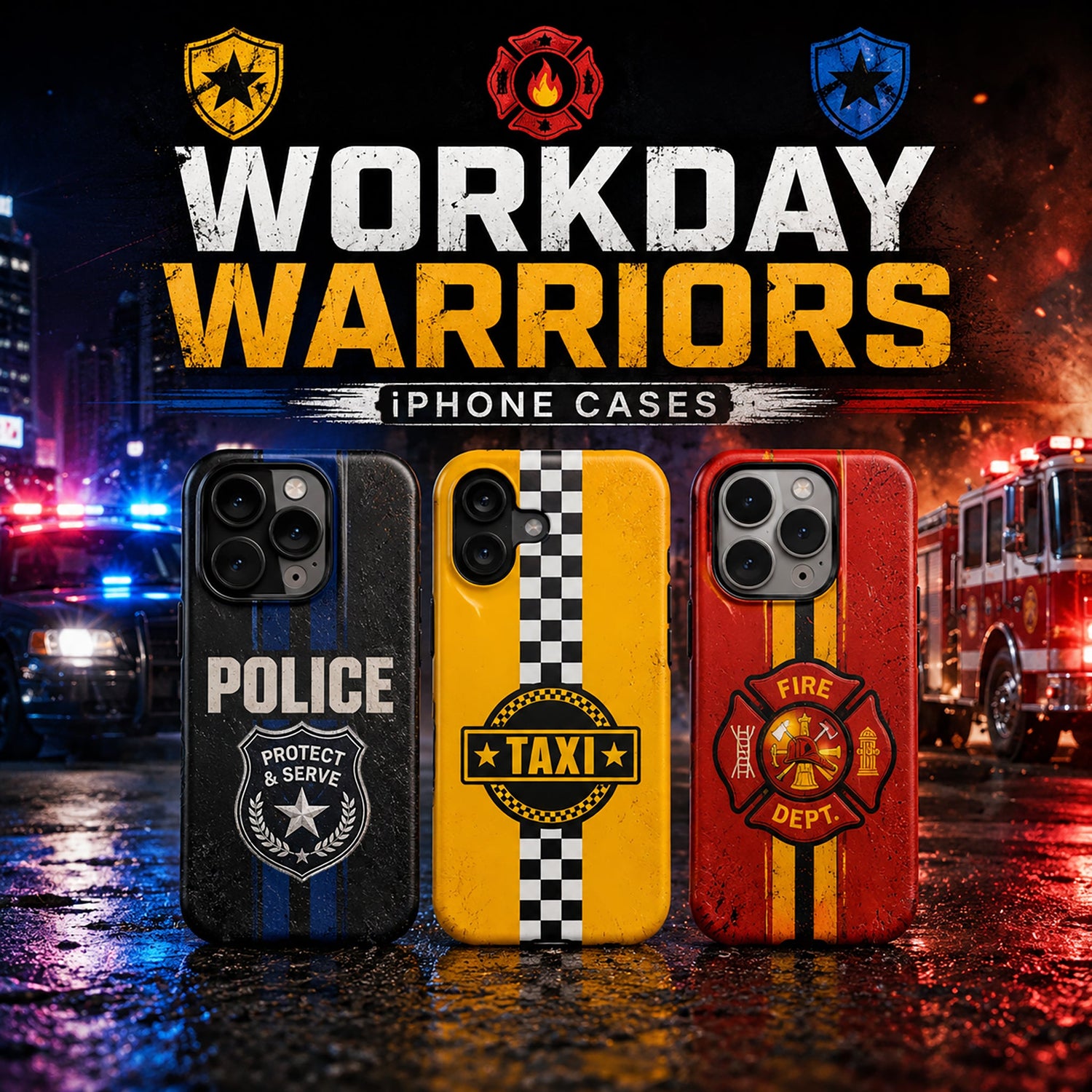Workday Warriors iPhone case collection featuring police, taxi, and firefighter designs, protective and stylish cases for first responders and city professionals