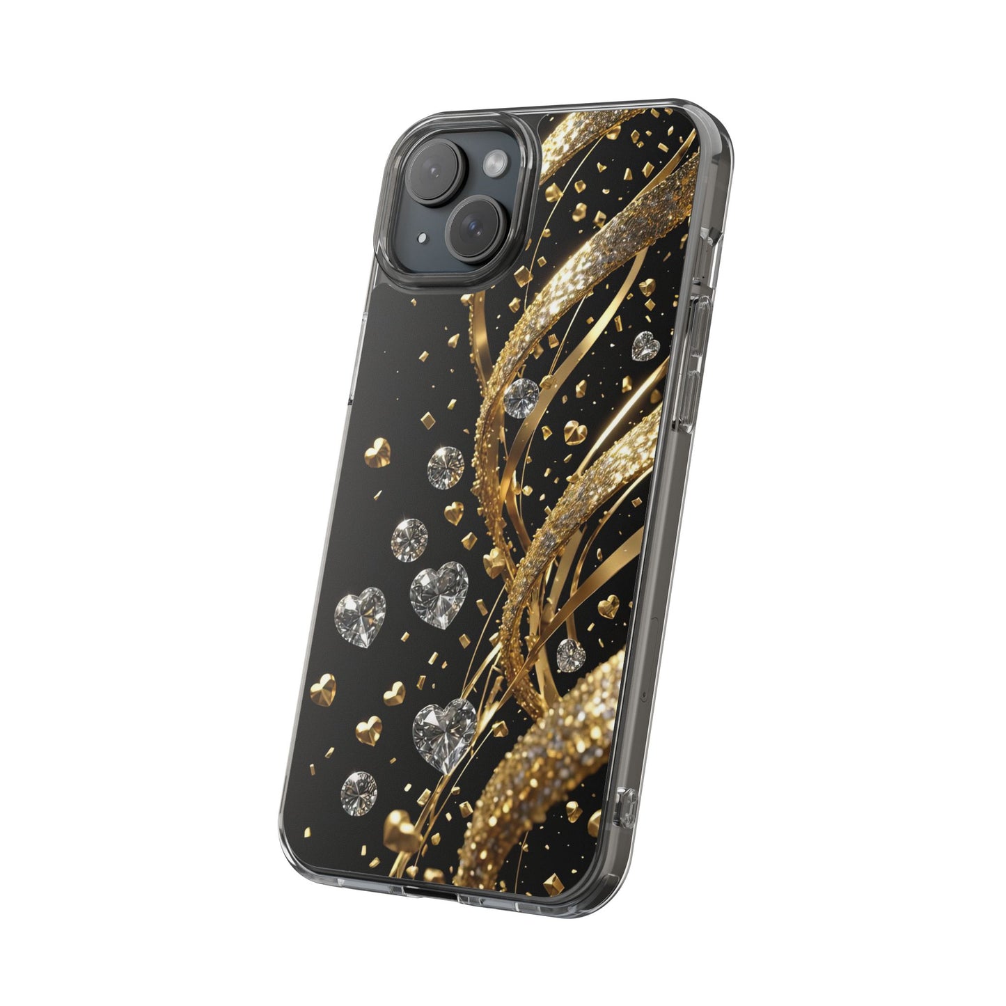 Gleaming Heart Clear Case, Elegant Gold Glitter, Sparkling Design