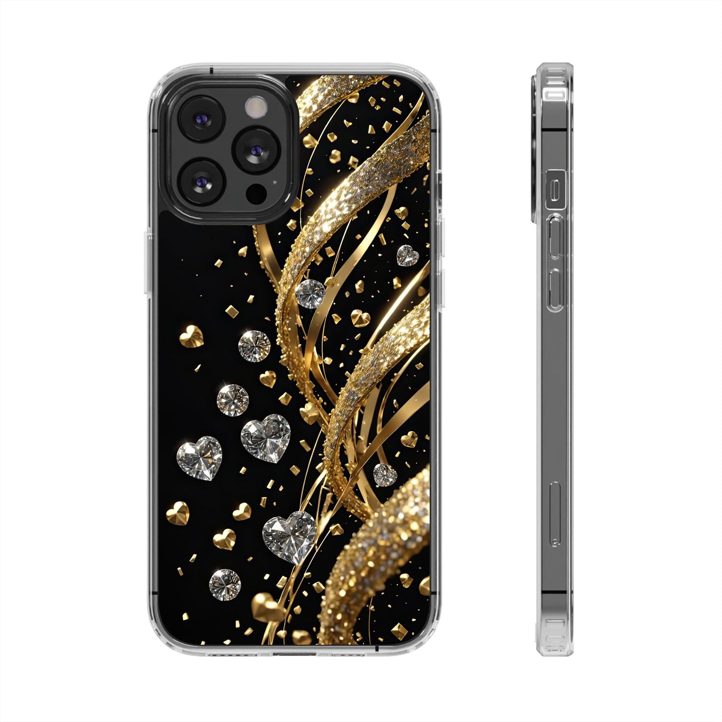 Gleaming Heart Clear Case, Elegant Gold Glitter, Sparkling Design