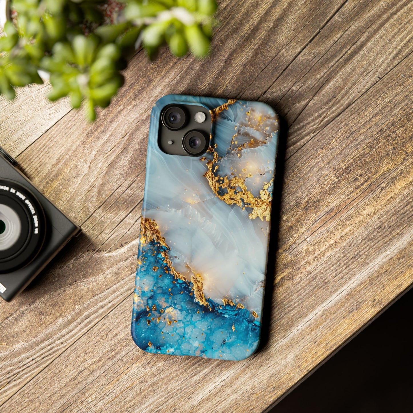 Marble Luxe Slim iPhone Case, Elegant Blue & Gold Design