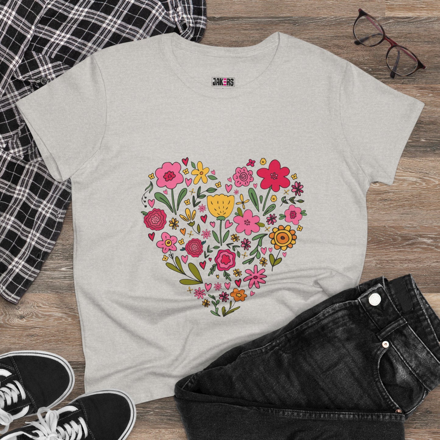 Floral Heart Women's Cotton Tee - Cute Everyday T-Shirt