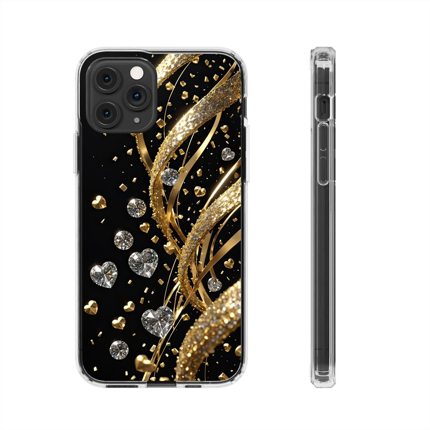 Gleaming Heart Clear Case, Elegant Gold Glitter, Sparkling Design