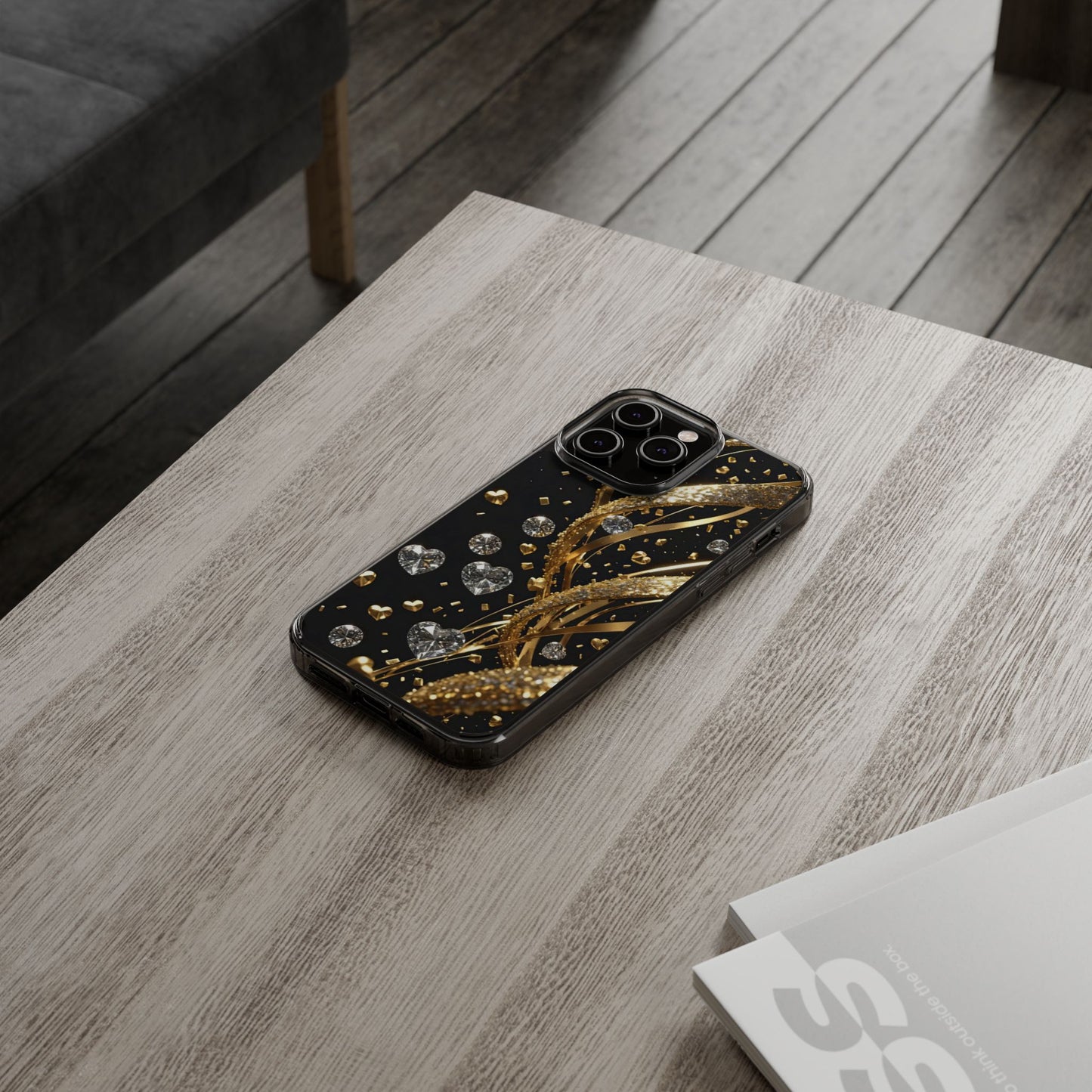 Gleaming Heart Clear Case, Elegant Gold Glitter, Sparkling Design