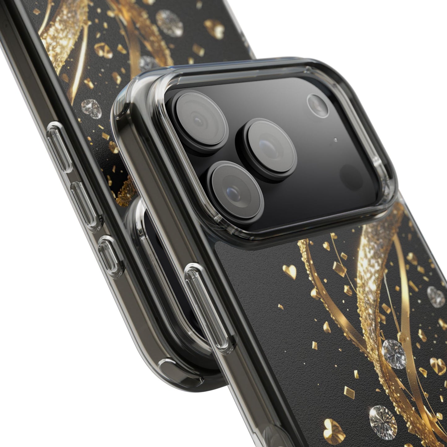 Gleaming Heart Clear Case, Elegant Gold Glitter, Sparkling Design