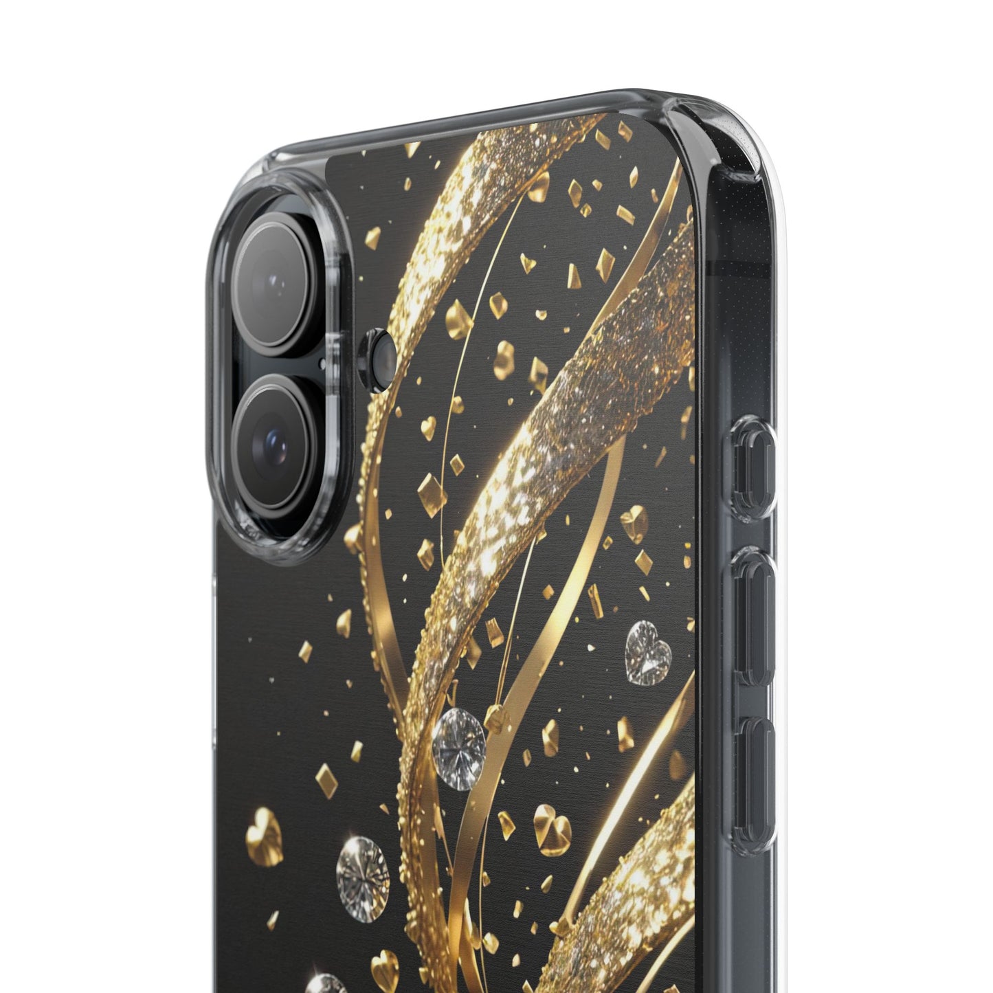 Gleaming Heart Clear Case, Elegant Gold Glitter, Sparkling Design