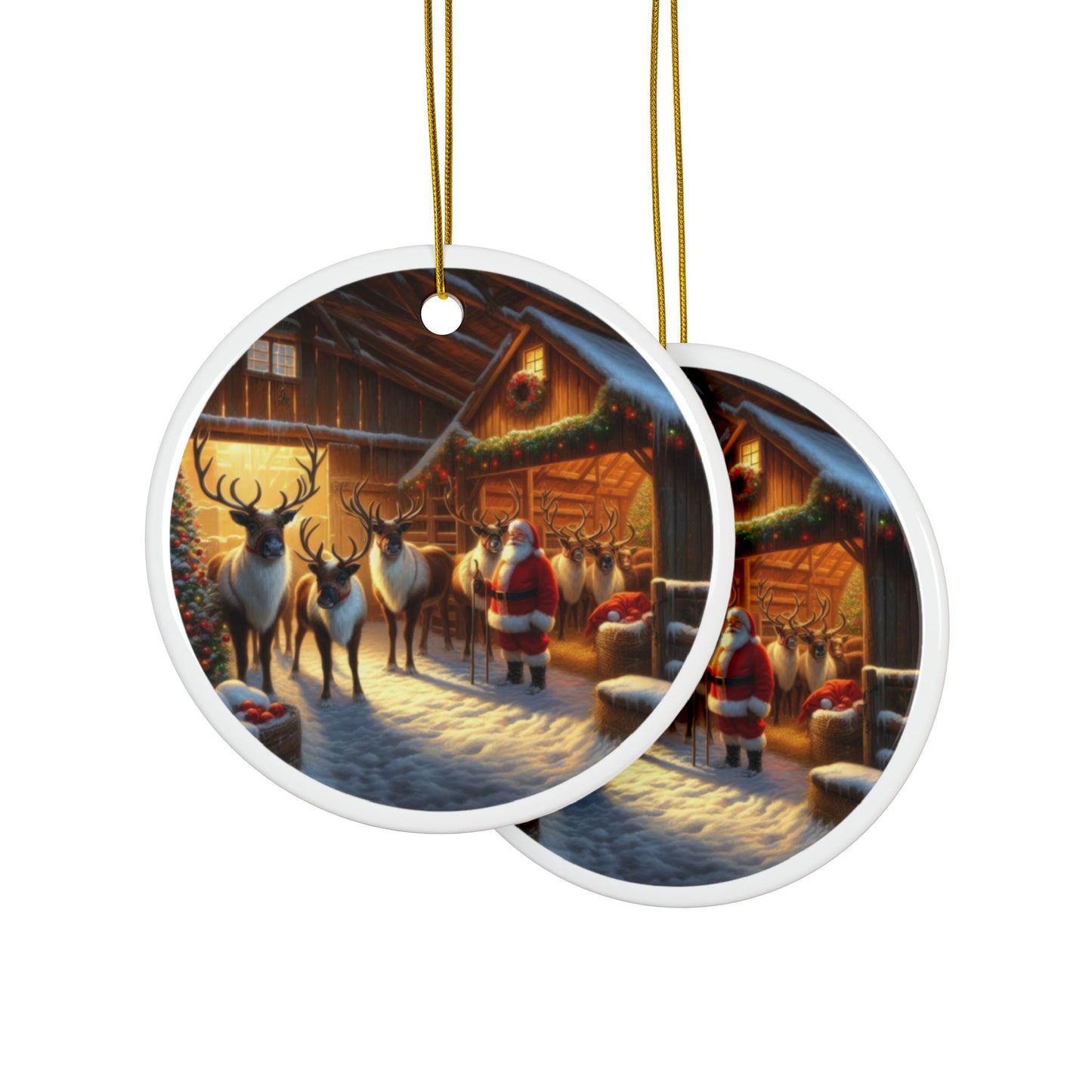 The North Pole Barn and Santa’s Crew Christmas Ceramic Ornaments, 2-Side Print, (1pc, 3pcs, 5pcs, 10pcs)