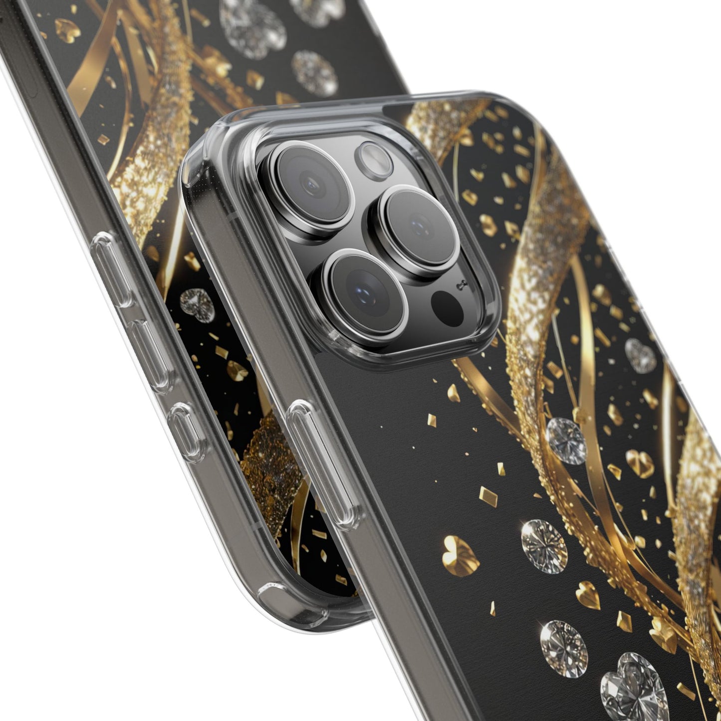 Gleaming Heart Clear Case, Elegant Gold Glitter, Sparkling Design