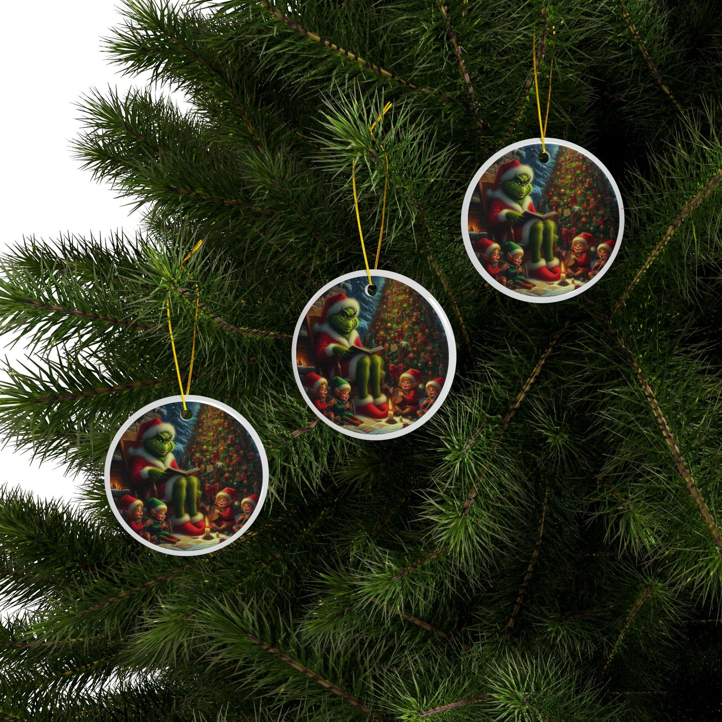 Grinch’s Magical Story Hour Christmas Ceramic Ornaments, 2-Side Print, (1pc, 3pcs, 5pcs, 10pcs)