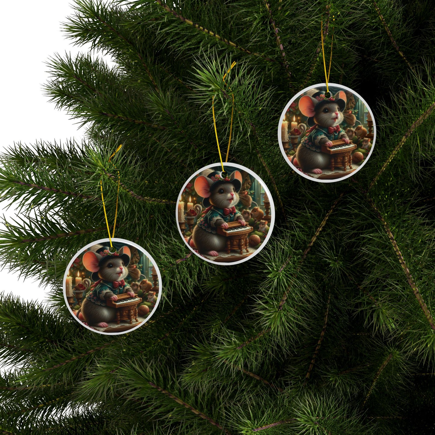 Victorian Mouse Pianist Christmas Ceramic Ornaments (1pcs, 3pcs, 5pcs, 10pcs) 2-Side Print