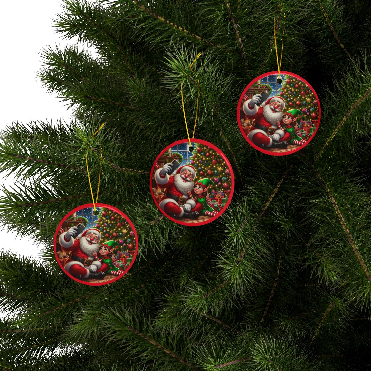 Ho-Ho-Ho Selfie Show Ceramic Ornaments, 2-Side Print, (1pc, 3pcs, 5pcs, 10pcs)