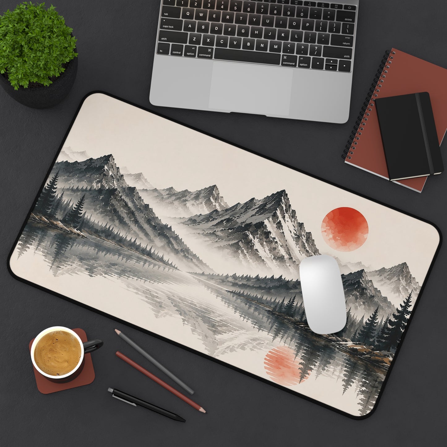 Mountain Lake Desk Mat – Minimal Asian Ink Landscape with Red Sun