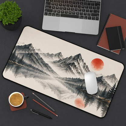 Mountain Lake Desk Mat – Minimal Asian Ink Landscape with Red Sun