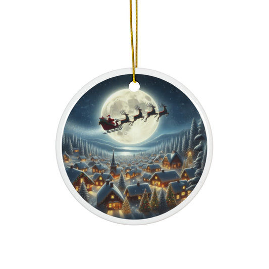 Santa’s Moonlit Village Flight Christmas Ceramic Ornaments, 2-Side Print, (1pc, 3pcs, 5pcs, 10pcs)