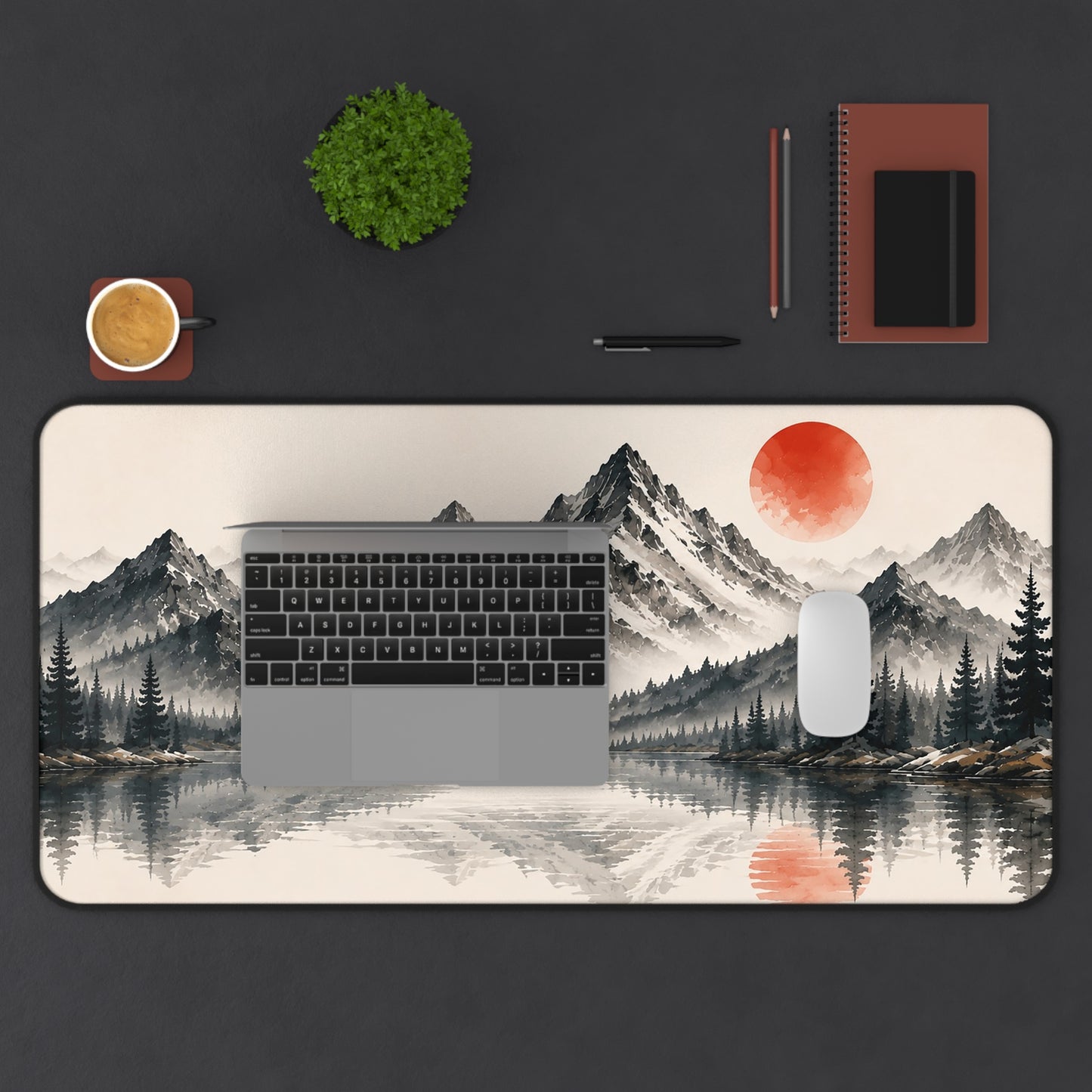 Mountain Lake Desk Mat – Minimal Asian Ink Landscape with Red Sun