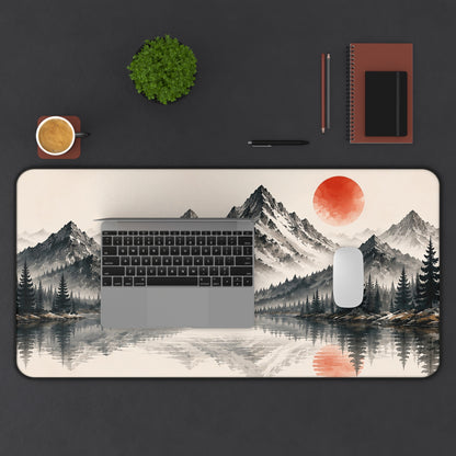 Mountain Lake Desk Mat – Minimal Asian Ink Landscape with Red Sun