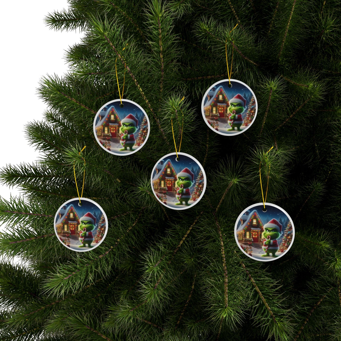 The Grinch’s Playful Candy Cane Prank Christmas Ceramic Ornaments, 2-Side Print, (1pc, 3pcs, 5pcs, 10pcs)