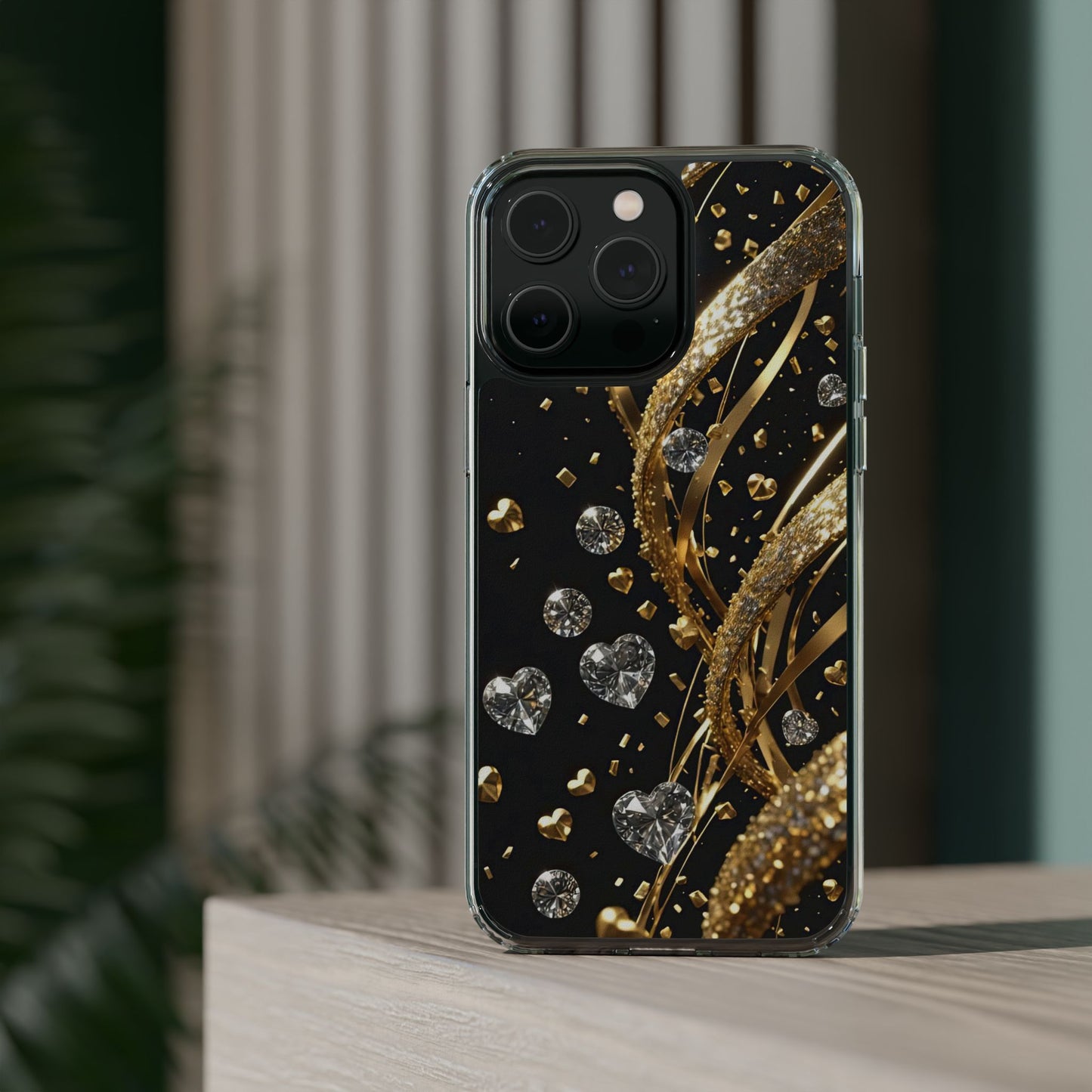 Gleaming Heart Clear Case, Elegant Gold Glitter, Sparkling Design