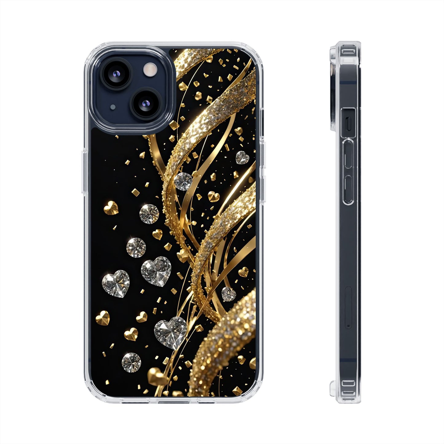 Gleaming Heart Clear Case, Elegant Gold Glitter, Sparkling Design