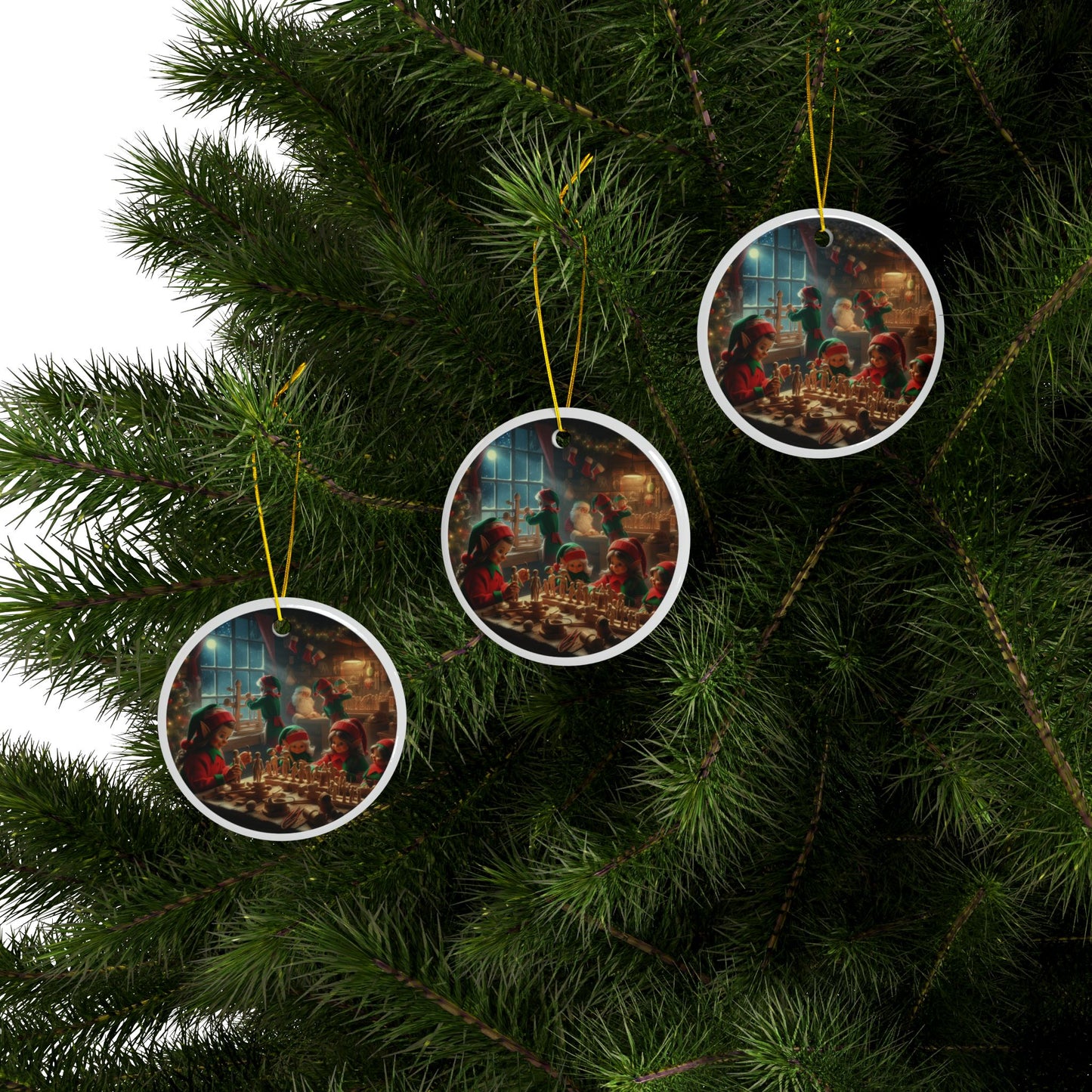 Magical Elves’ Workshop Christmas Ceramic Ornaments, 2-Side Print, (1pc, 3pcs, 5pcs, 10pcs)