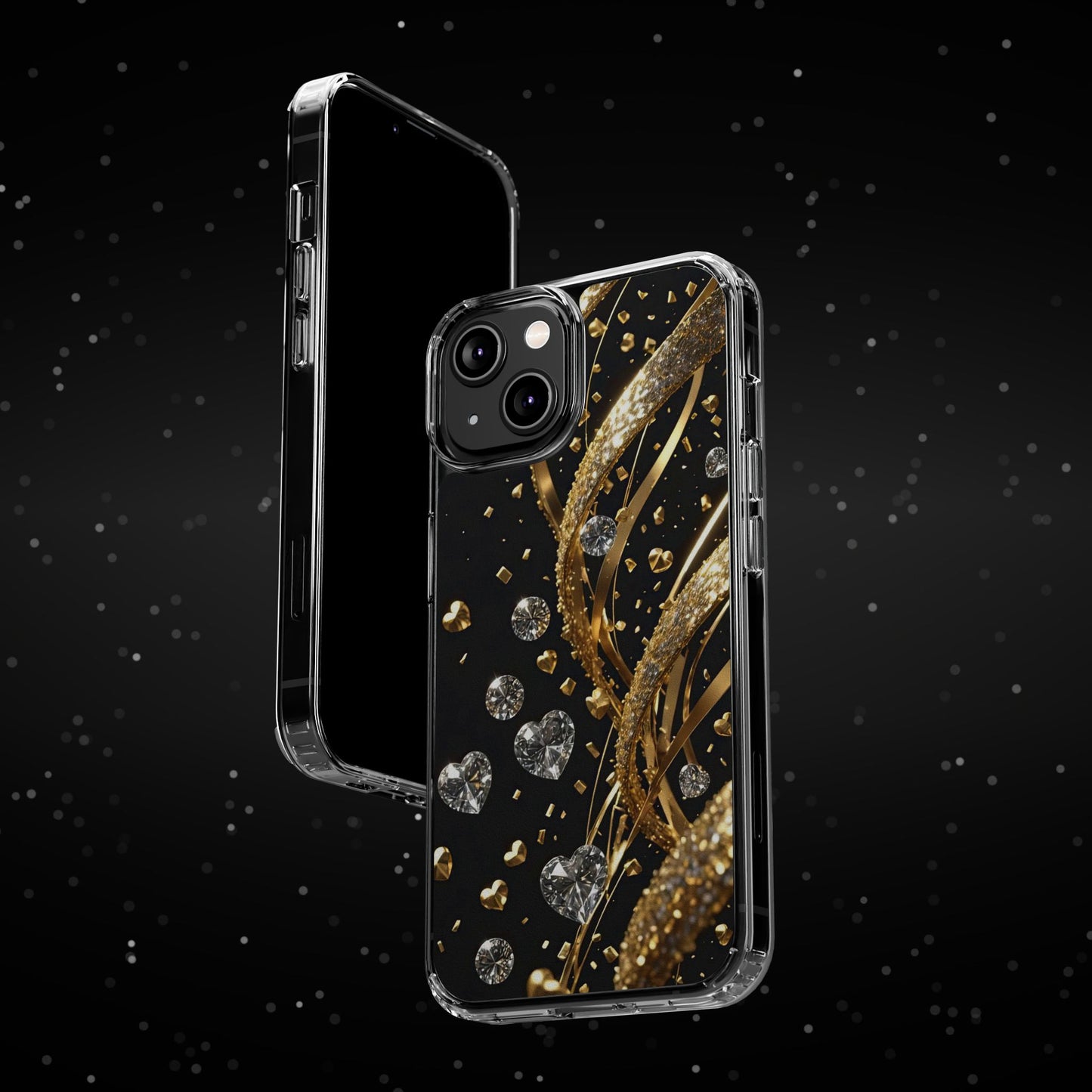 Gleaming Heart Clear Case, Elegant Gold Glitter, Sparkling Design