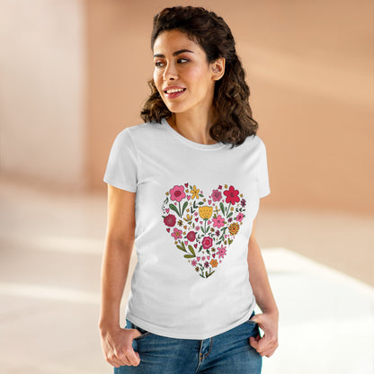 Floral Heart Women's Cotton Tee - Cute Everyday T-Shirt