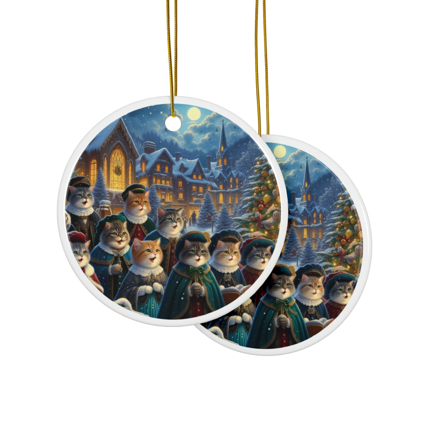 Victorian Feline Carols Christmas Ceramic Ornaments (1pcs, 3pcs, 5pcs, 10pcs) 2-Side Print