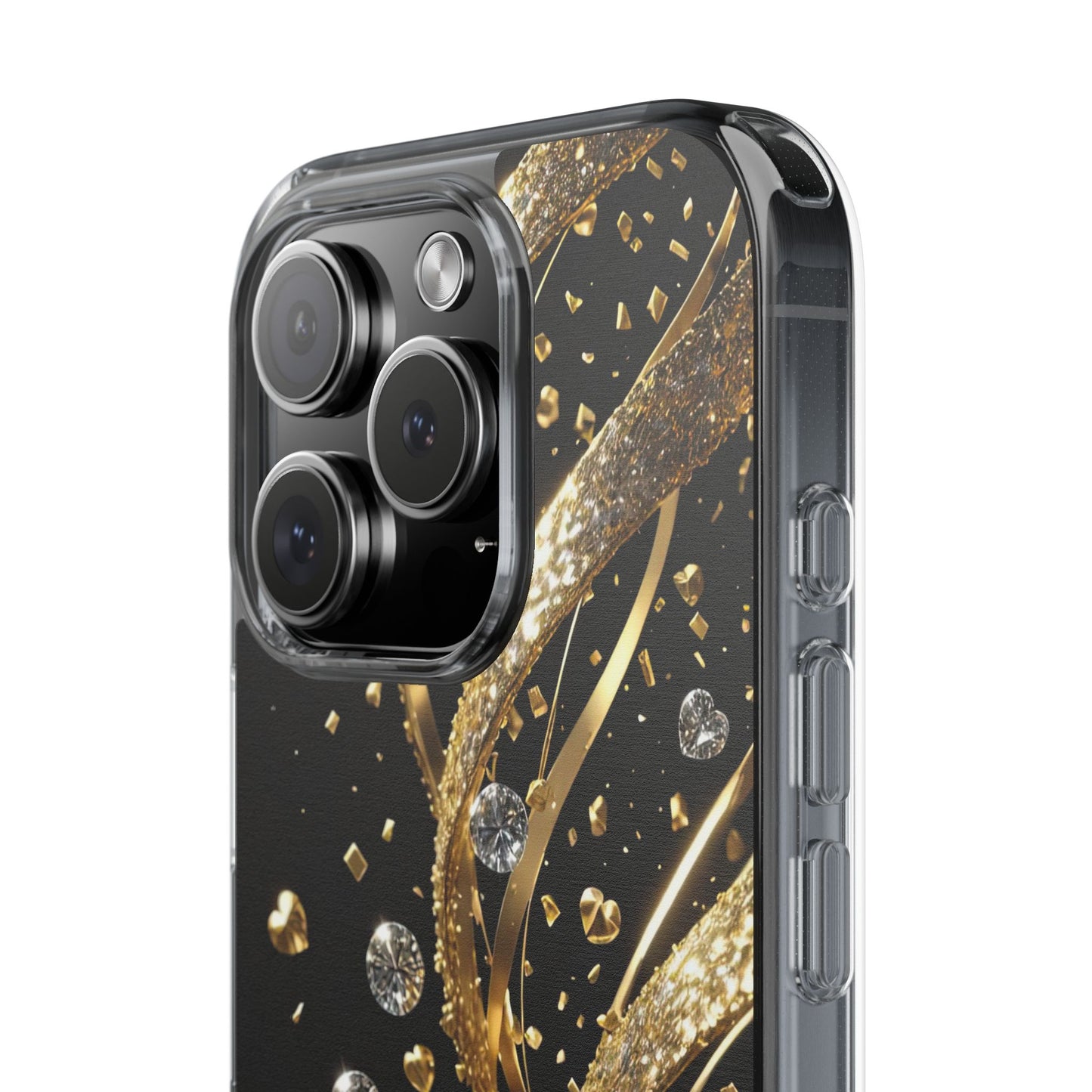 Gleaming Heart Clear Case, Elegant Gold Glitter, Sparkling Design