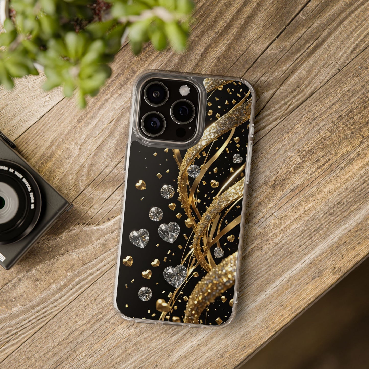 Gleaming Heart Clear Case, Elegant Gold Glitter, Sparkling Design