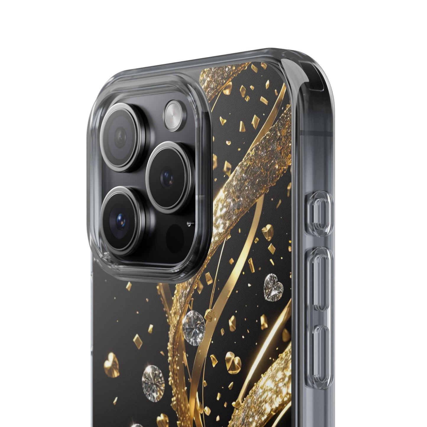 Gleaming Heart Clear Case, Elegant Gold Glitter, Sparkling Design