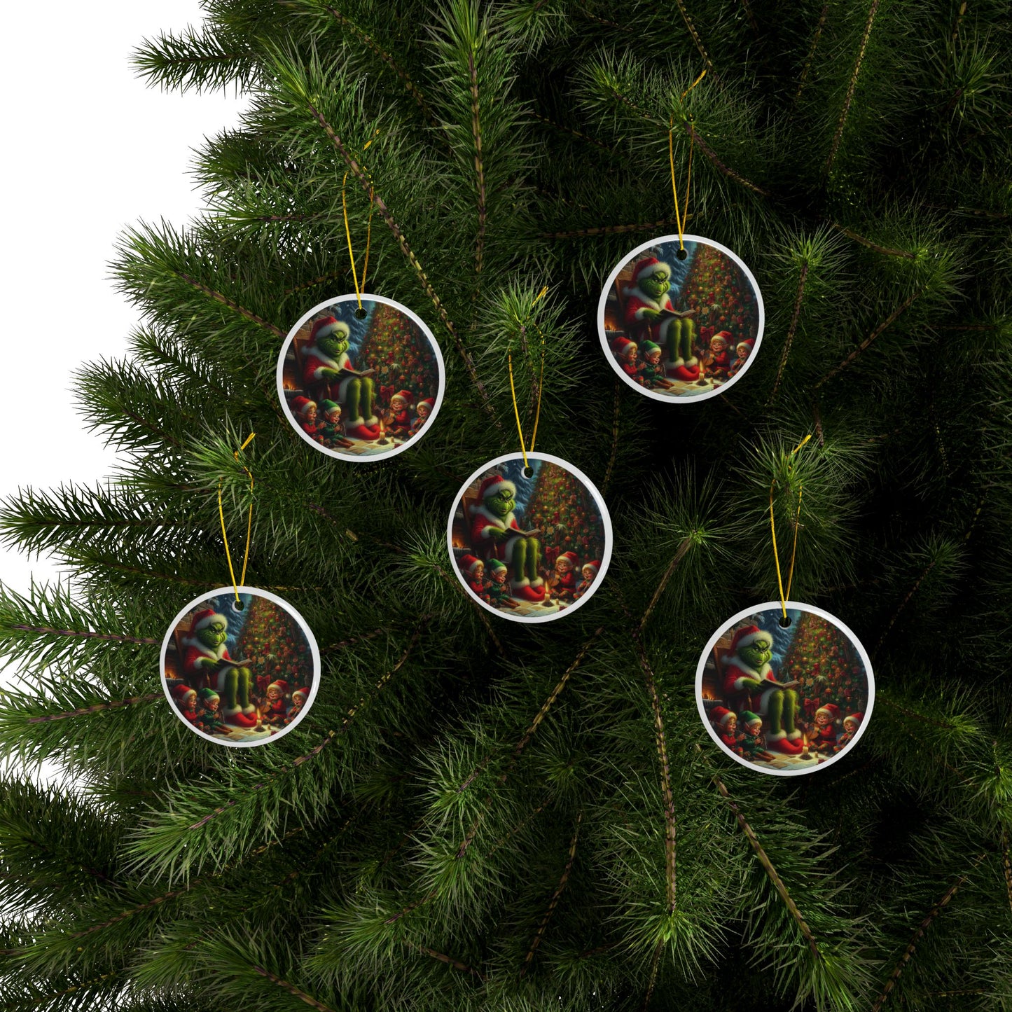 Grinch’s Magical Story Hour Christmas Ceramic Ornaments, 2-Side Print, (1pc, 3pcs, 5pcs, 10pcs)