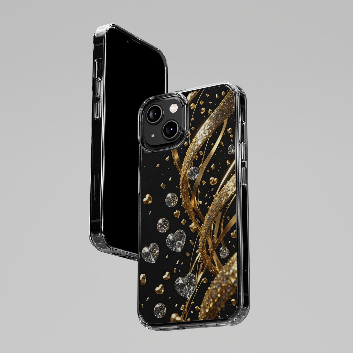 Gleaming Heart Clear Case, Elegant Gold Glitter, Sparkling Design