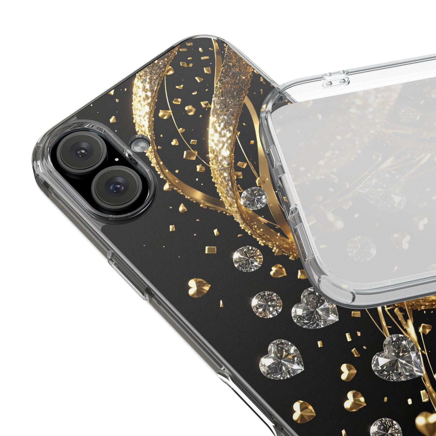 Gleaming Heart Clear Case, Elegant Gold Glitter, Sparkling Design