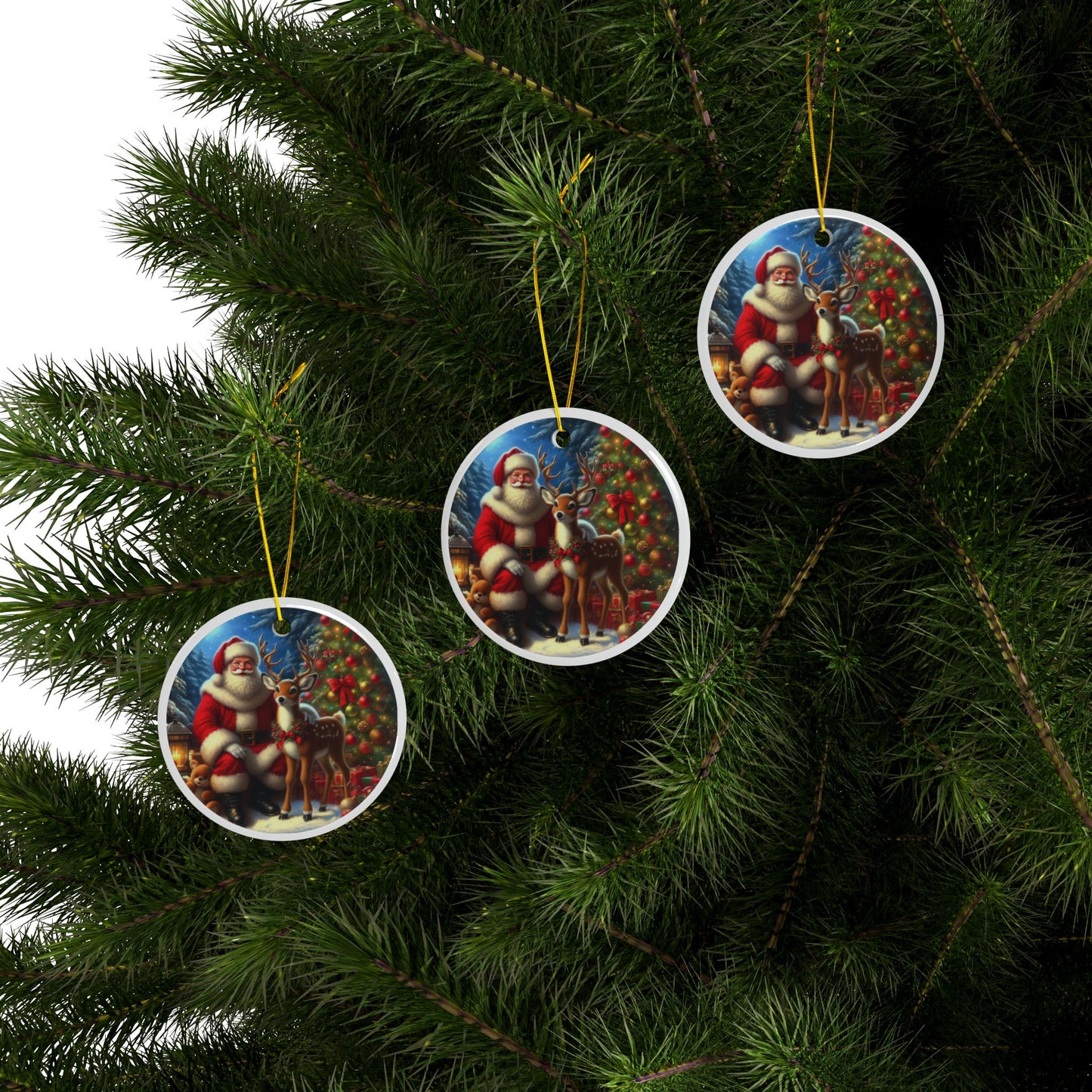 The Spirit of Christmas: Santa and Reindeer Christmas Ceramic Ornaments, 2-Side Print, (1pc, 3pcs, 5pcs, 10pcs)