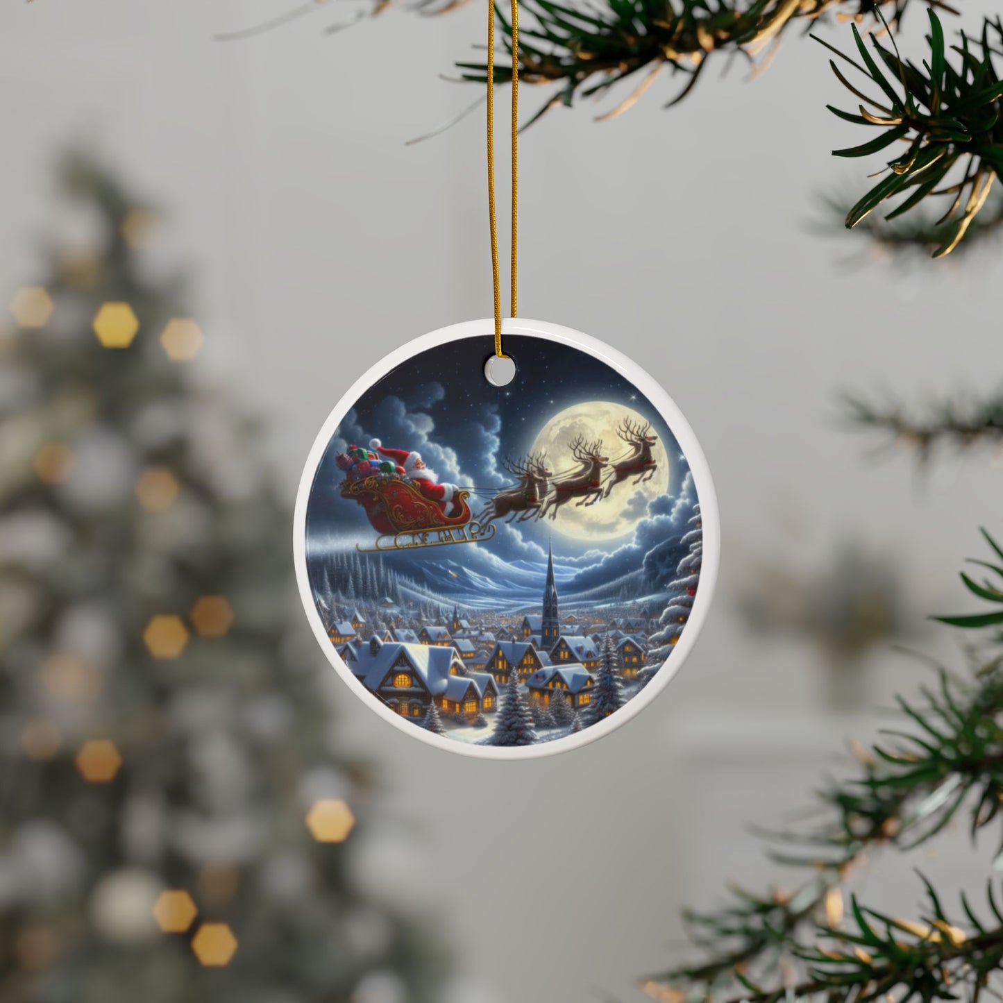 Holly Jolly Twilight Journey Christmas Ceramic Ornaments, 2-Side Print, (1pc, 3pcs, 5pcs, 10pcs)