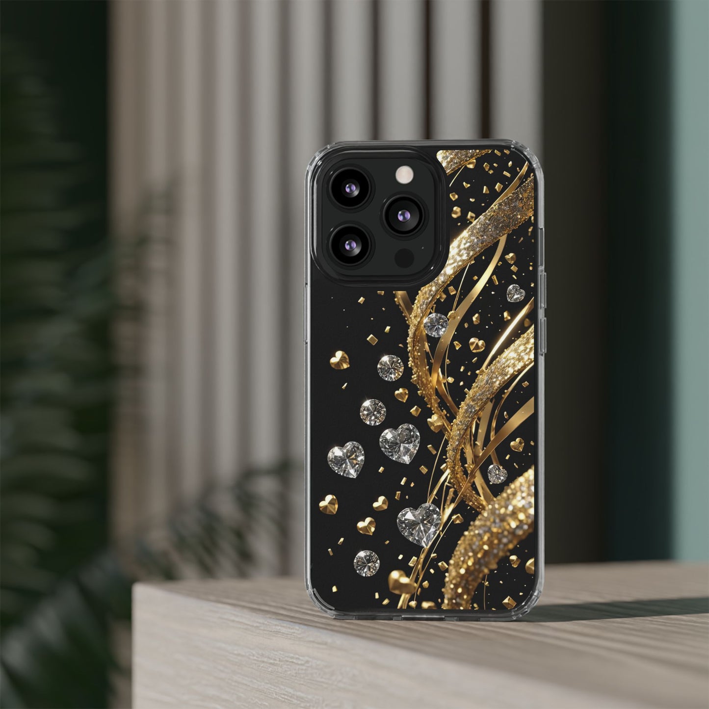 Gleaming Heart Clear Case, Elegant Gold Glitter, Sparkling Design