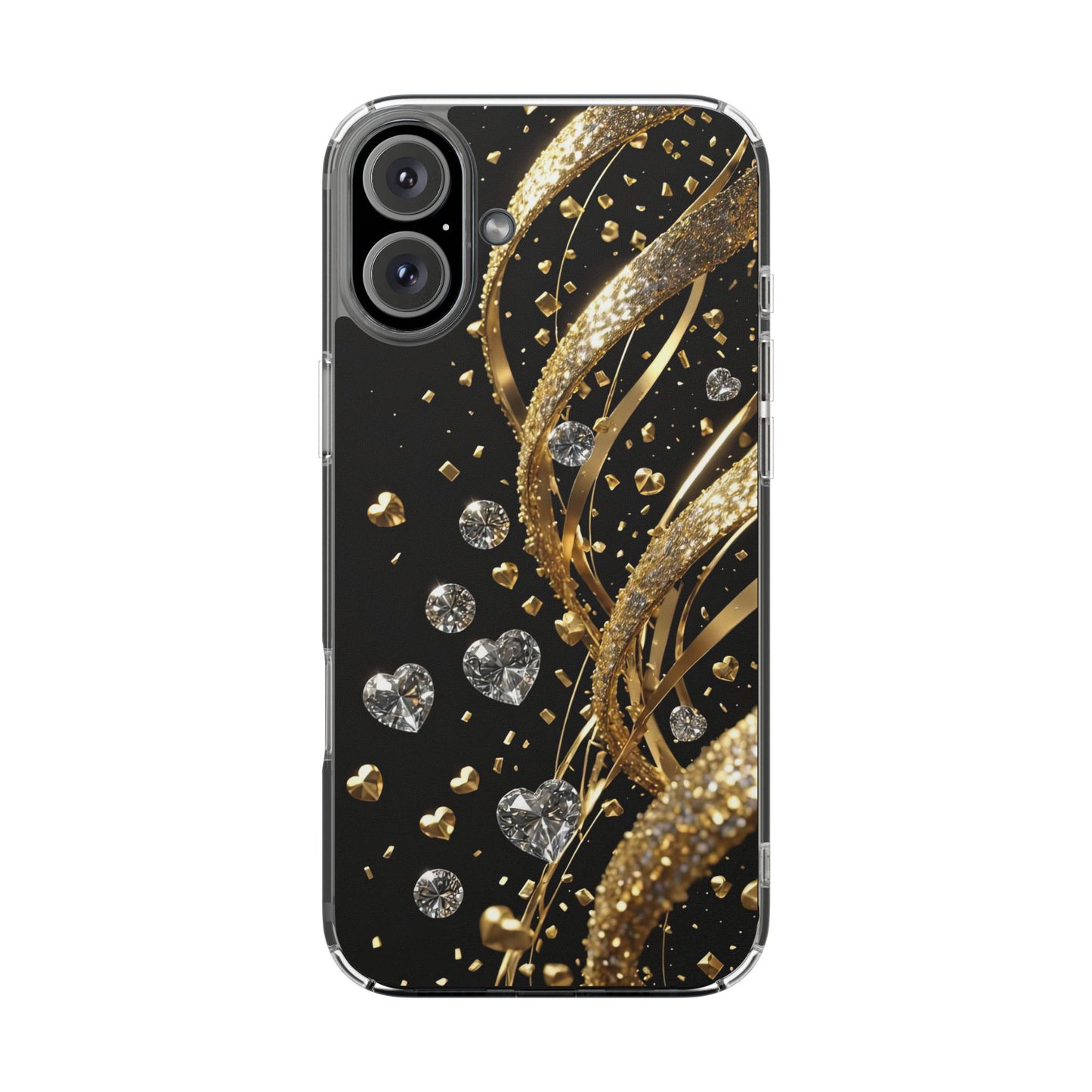 Gleaming Heart Clear Case, Elegant Gold Glitter, Sparkling Design