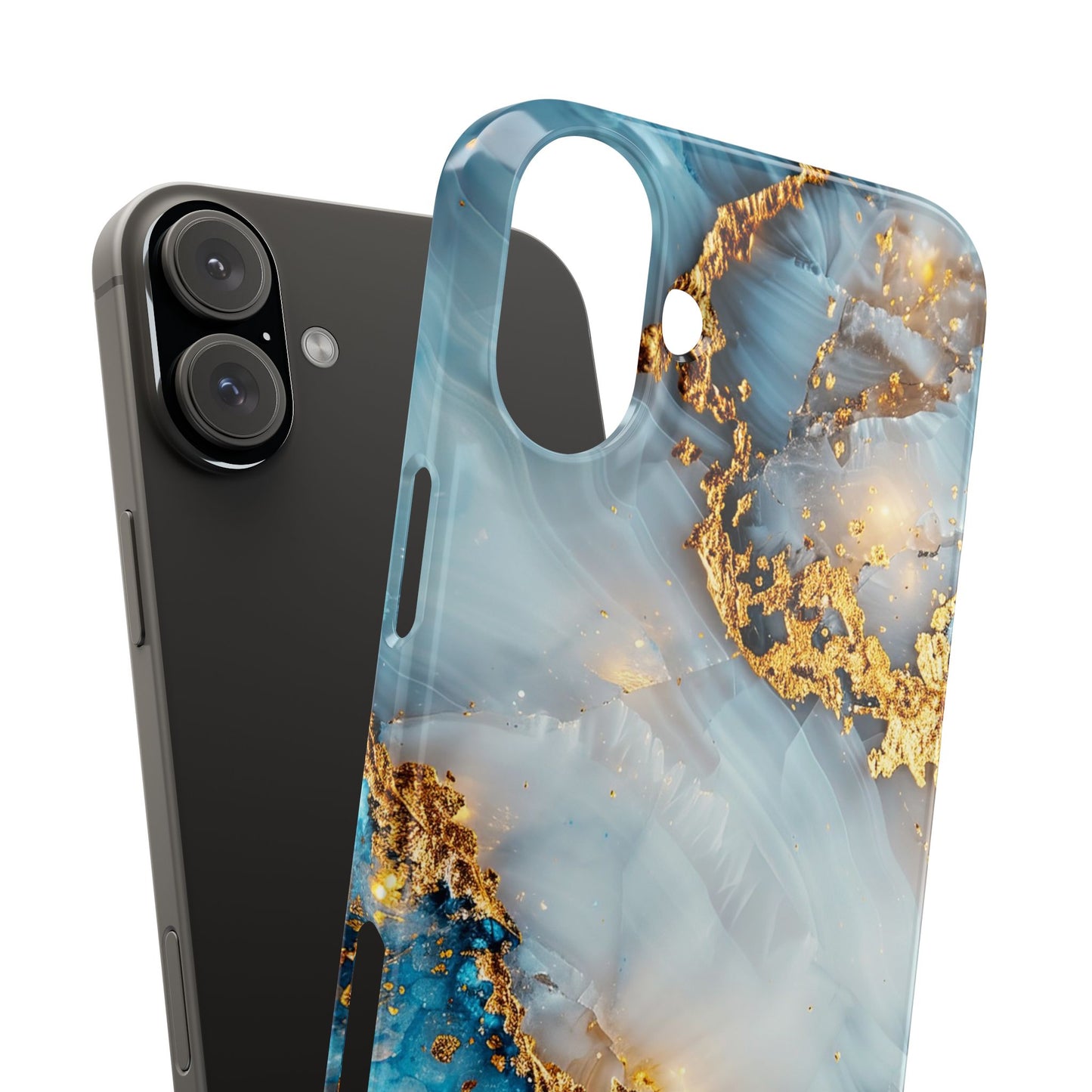 Marble Luxe Slim iPhone Case, Elegant Blue & Gold Design