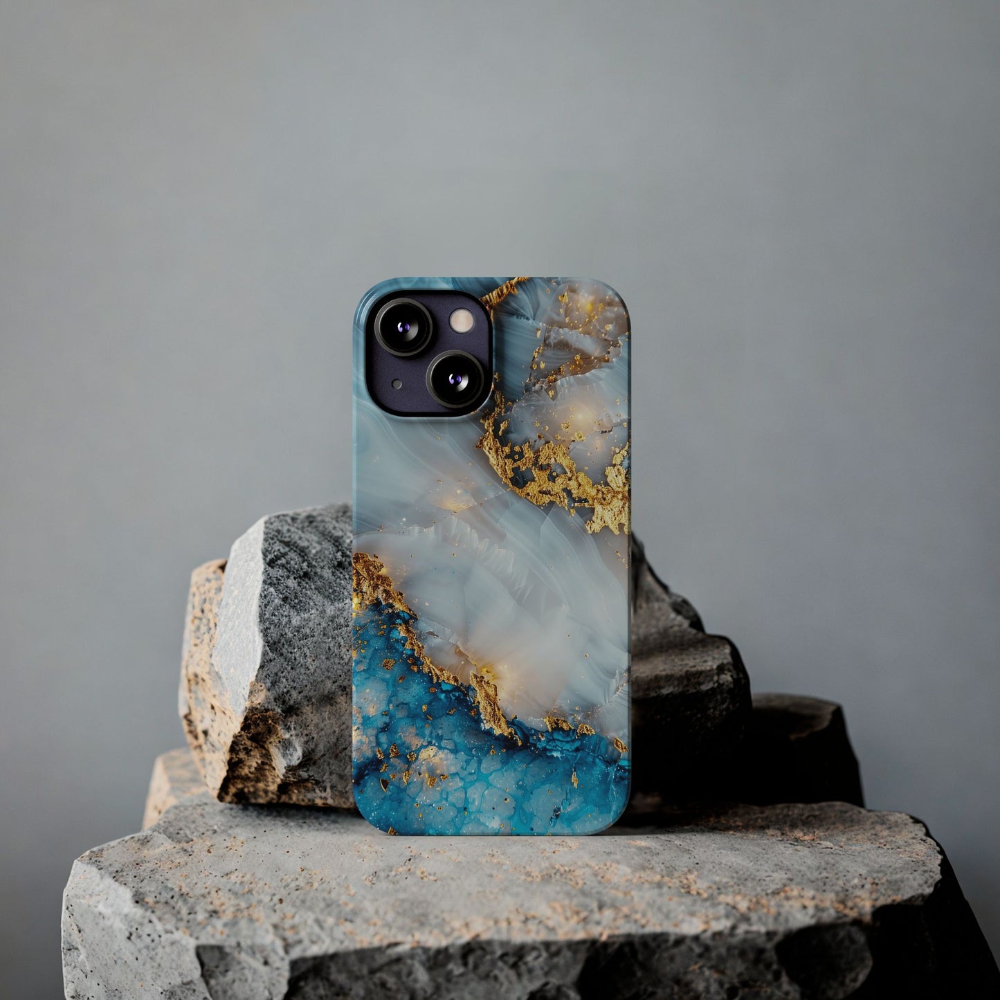 Marble Luxe Slim iPhone Case, Elegant Blue & Gold Design
